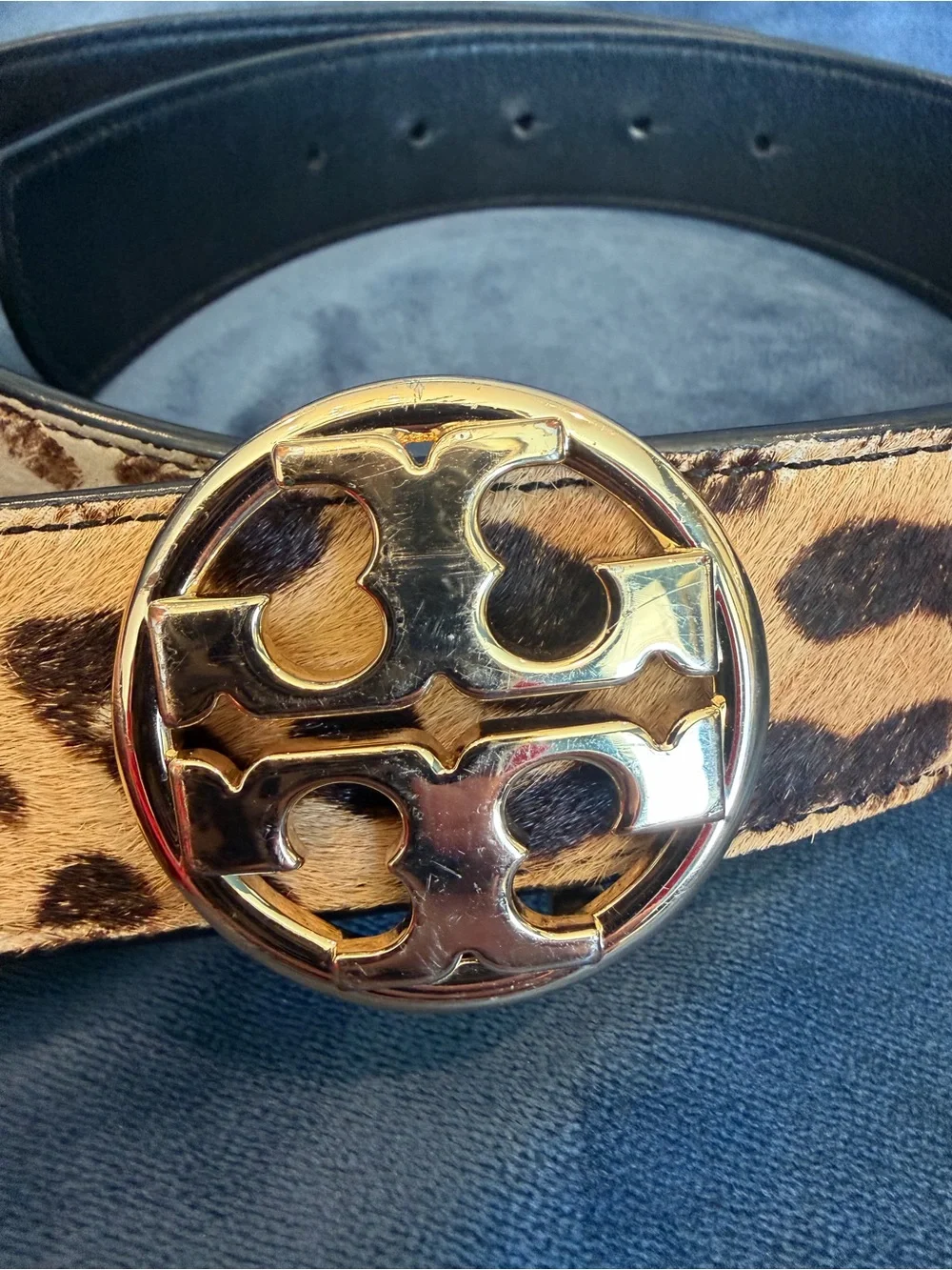 Tory Burch Leopard Print and Black reversible Logo Belt, Gold Hardware